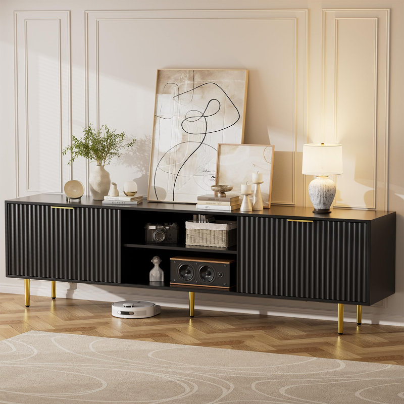 Modern TV Stand Entertainment Center with Storage Cabinets & Cable Management, for TVs up to 75'', for Living Room, Black