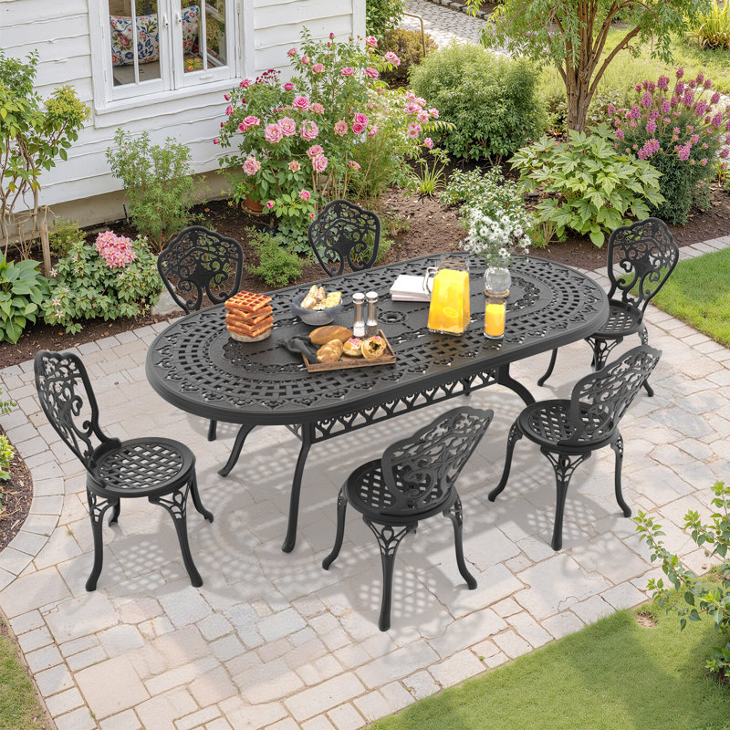 7-Piece 81.89"L Oval Outdoor Dining Set with Umbrella Hole, 6 Dining Chairs, 15.35" Seat Width