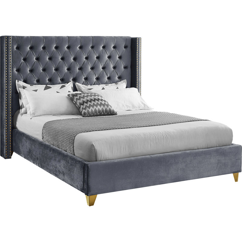Joclynn Upholstered Bed, King, Grey Velvet, Gold