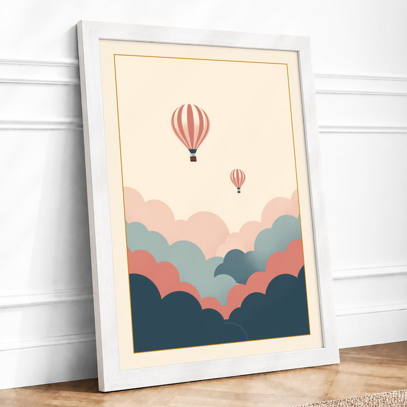 Balloons Above Clouds Minimalist - Framed Print, A2 - 59.4 x 42.0 cm, White