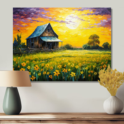«Cottage in Yellow Flower Field Sunset - Farmhouse», reproduction d'art murale