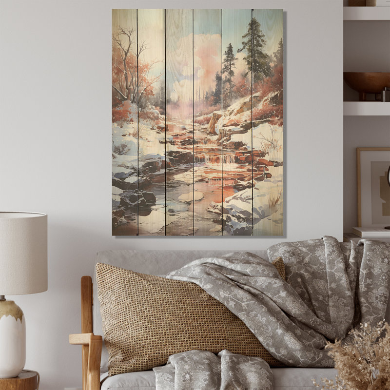 Geyser Winter Scenery - Geyser Wood, art mural sur bois de pin naturel, H 40 po x l 30 po
