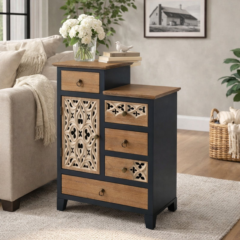 Folger Farmhouse 21.6"W x 30.6"H x 11.8"D 1-Door Carved Wood Accent Chest With 5-Drawers, Rich Natural,Blue