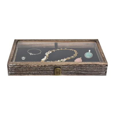 Gracie Oaks Wooden Jewelry Display Case Tempered Glass Top Lid