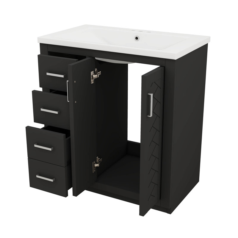 Meuble-lavabo autoportant moderne de 30 pouces avec lavabo simple et 3 tiroirs pour le rangement, Noir, Argent argent