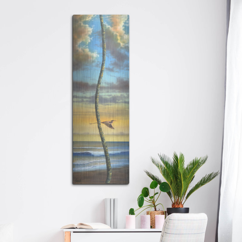 «Lone Palm Right Heron» par James Mazzotta, art mural en métal, 16 po x 48 po