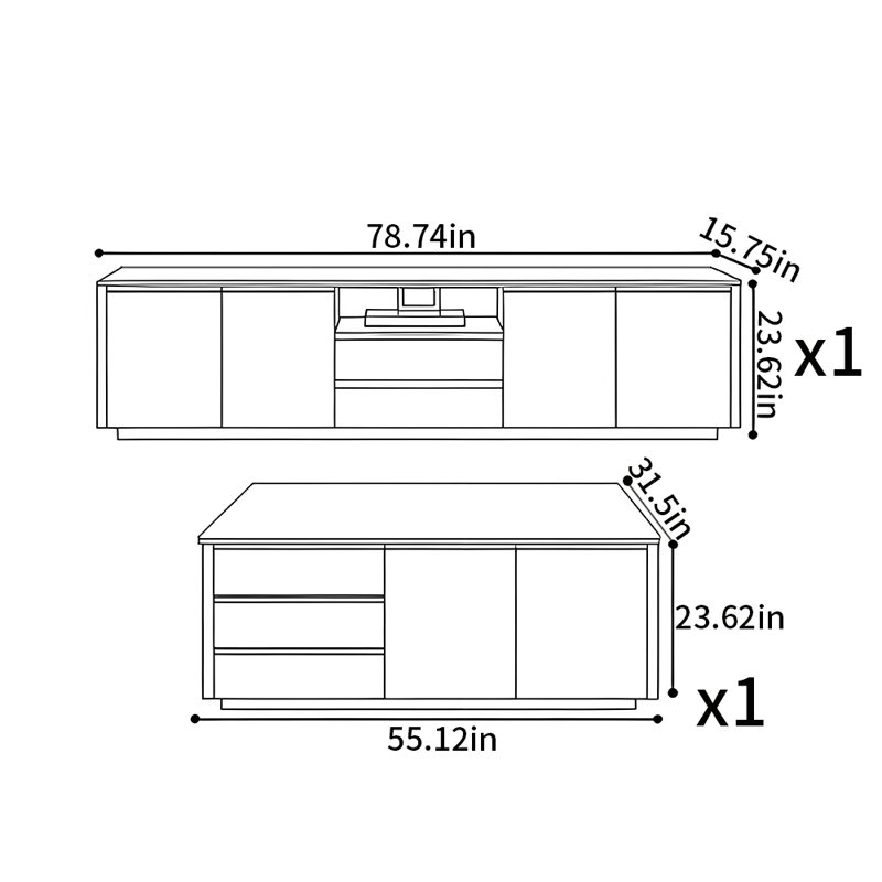 Meuble télé et table basse sur pied, Gris