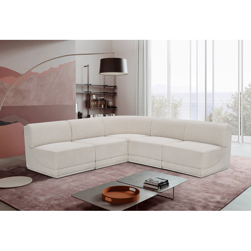Ollie 5 - Piece Upholstered Sectional, Cream Boucle Fabric