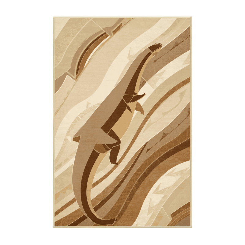 Soft Plush Freshford Plesiosaurus Art Deco Arc Area Rug in Beige – Yellow Binding, 5 x 7