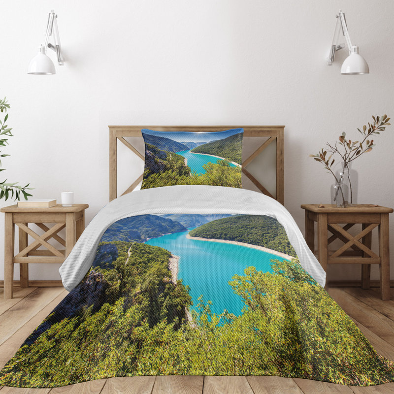 King Size Forest Green and Sky Blue Quilted Bedspread Set