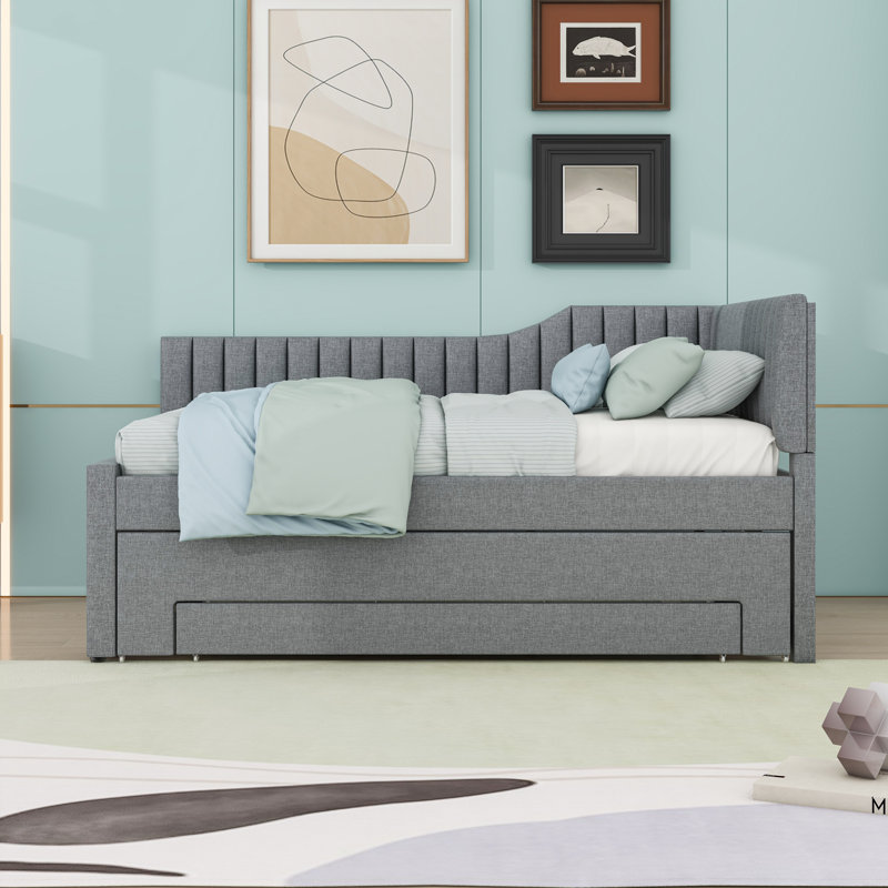 Upholstered Daybed with Trundle and Drawers, Gray, Full/Double