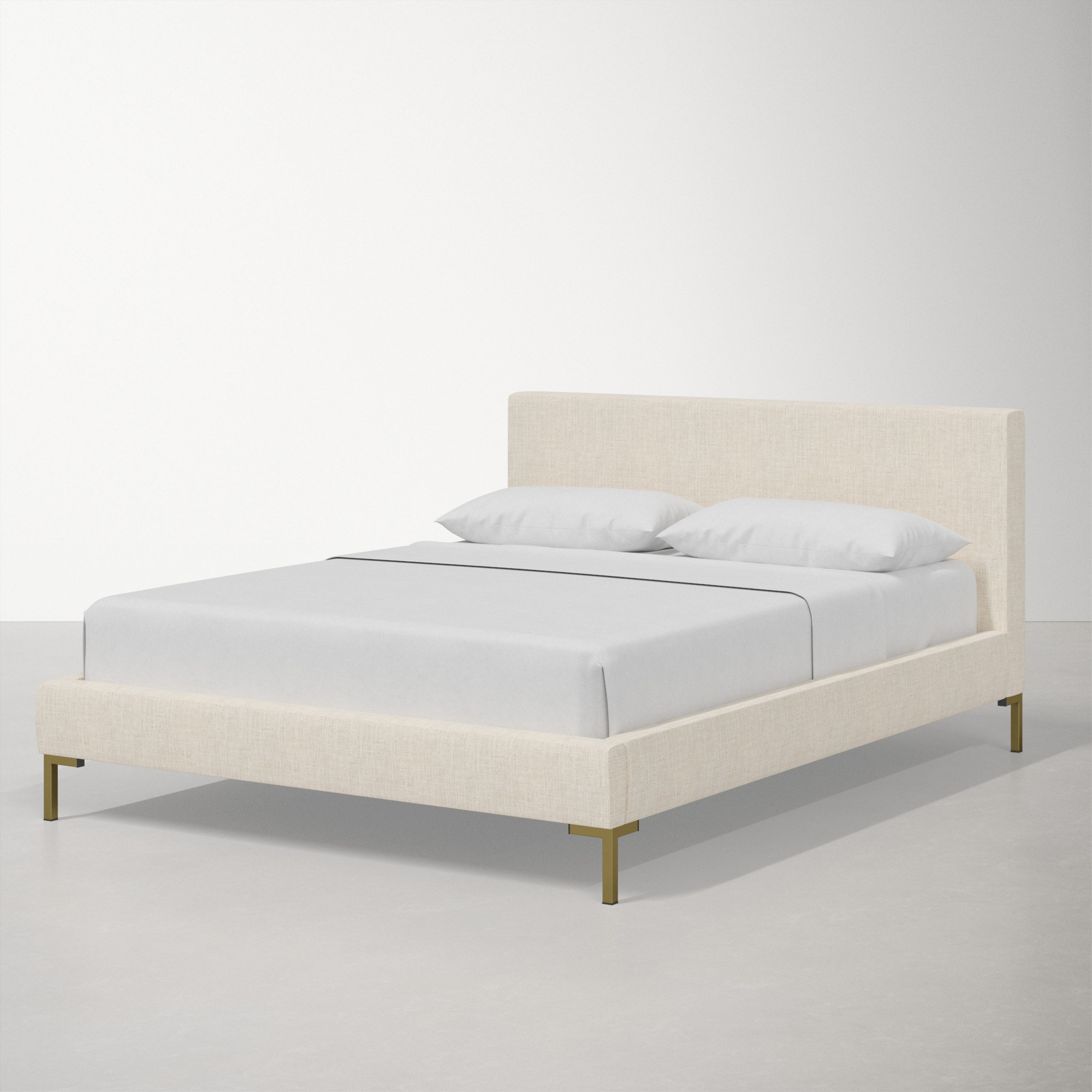 Rand Upholstered Bed, Classic Talc Linen, Brass, Queen