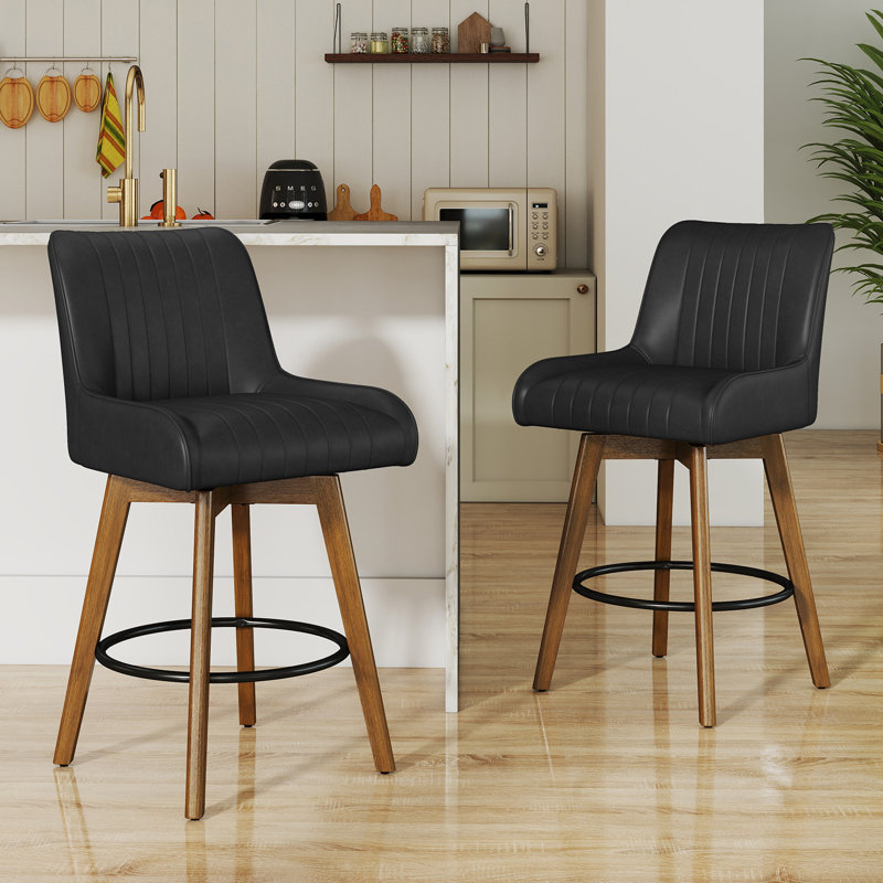 Extra-Wide 360° Swivel Bar Stool With Pocket Spring Seat & Solid Wood Base, Black 