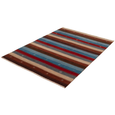 Tapis unique en laine noué à la main style Gabbeh des années 2010 de 6 pi x 8 pi 10 po brun / bleu Heloon