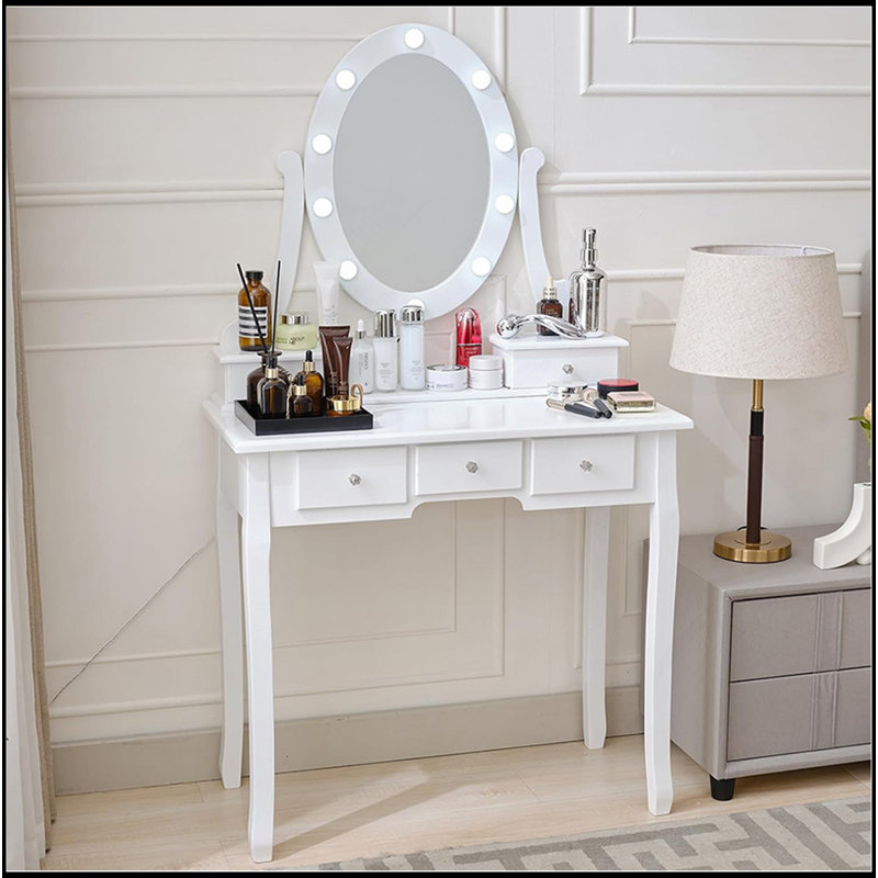Ensemble de coiffeuse et tabouret de maquillage, miroir de coiffeuse avec lumières et ensemble de table, petite table de coiffeuse pour chambre à coucher (blanc)