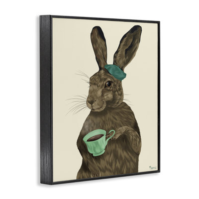 Stupell Industries Rabbit & Green Teacup Framed Giclee Art By Tara Royle In Midnight Black Framed Giclee