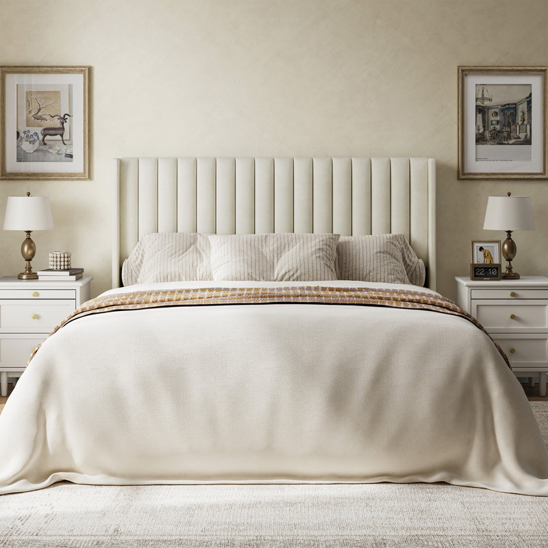 Avelyn Upholstered Platform Bed Frame with Vertical Channel Tufted Wingback Headboard, Beige, Queen