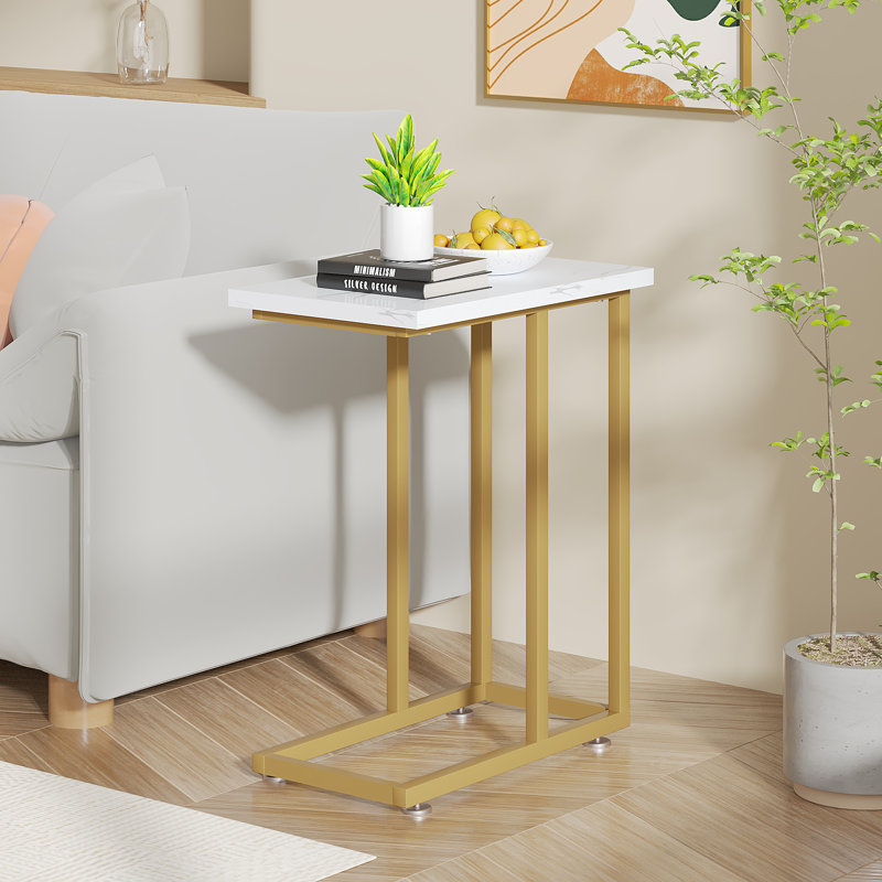 Camillie C Shaped End Table TV Tray Set, White Top/Gold Base