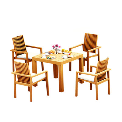 Ensemble de salle à manger 5 pièces en bois de teck de qualité A: table carrée 36 po et fauteuils empilables Clipper # 11CP0804