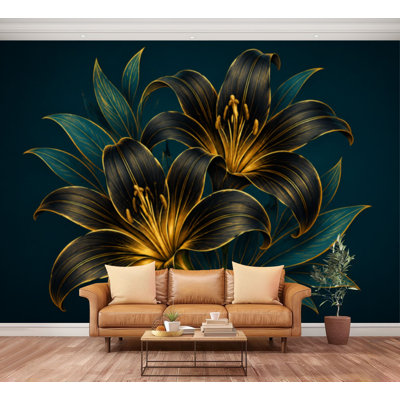 Murale Pelez et collez Fleurs de luxe dorées de luxe rétro Feuilles romantiques Grand papier peint Papier autocollant amovible pour décoration de salon Chambre de bébé H 100 po x l 144 po