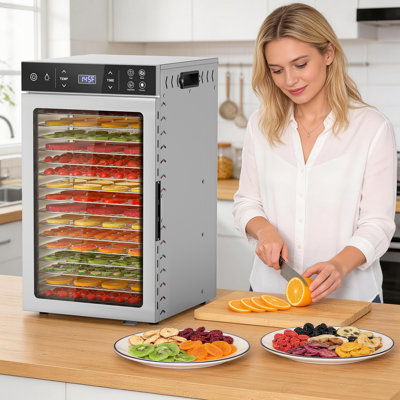 Déshydrateur d'aliments en acier inoxydable à 16 plateaux, ventilateur double 800 W, minuterie numérique et contrôle de la température, déshydrateur à grande capacité avec porte en verre pour saccades, fruits, herbes et gâteries pour animaux