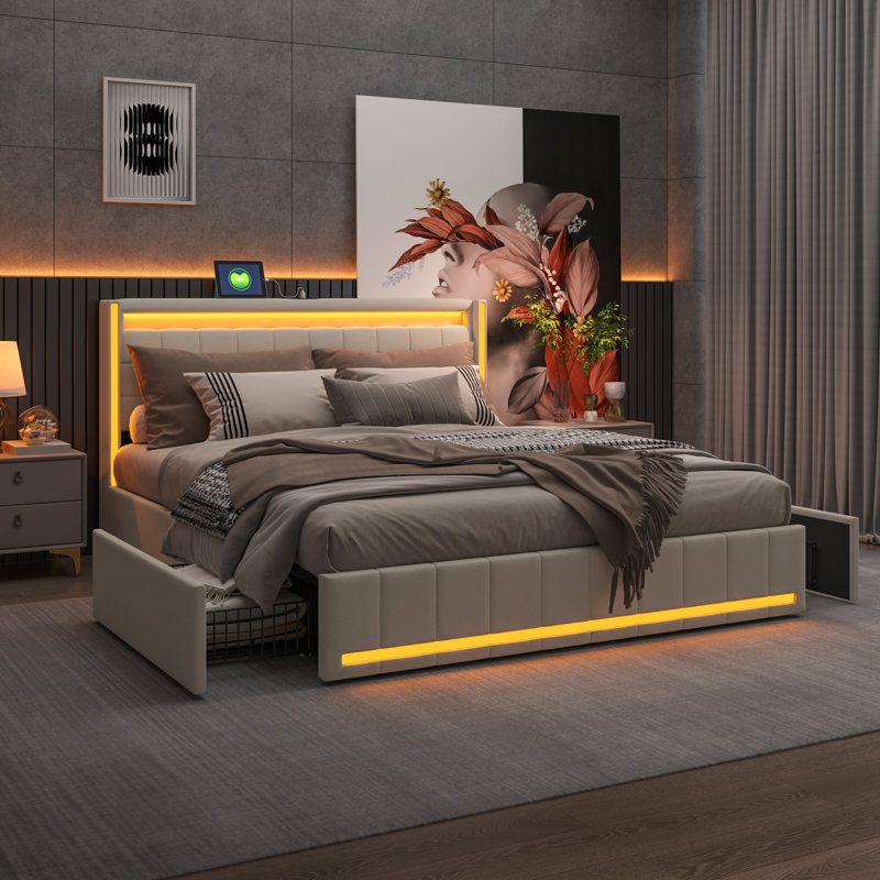 Upholstered Storage Bed, Beige, King (168 x 213 cm)