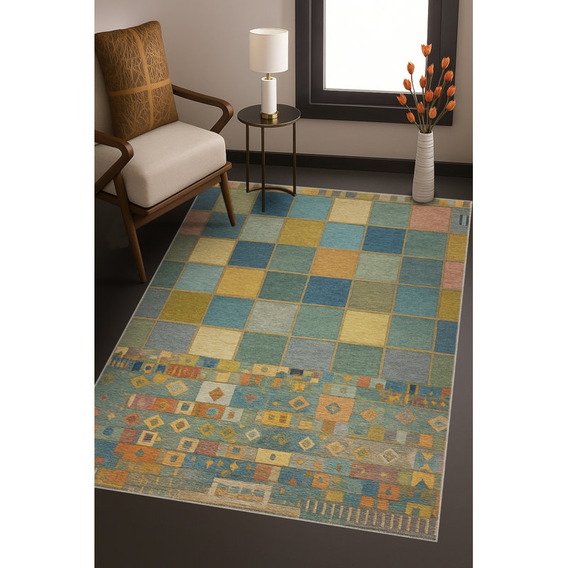Tapis bleu tissé lavable rétro Mosso, 2 pi 6 po x 4 pi 11 po