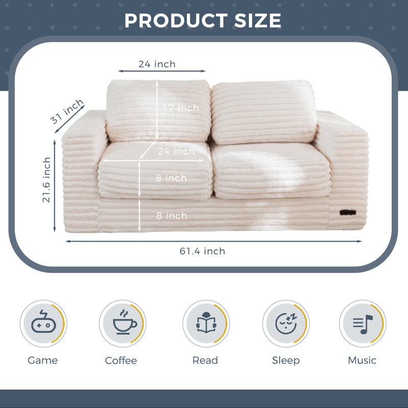 62" Compression Bean Bag Sofa Faux Fur Upholstered Loveseat Floor Sofa With Pillows, Beige