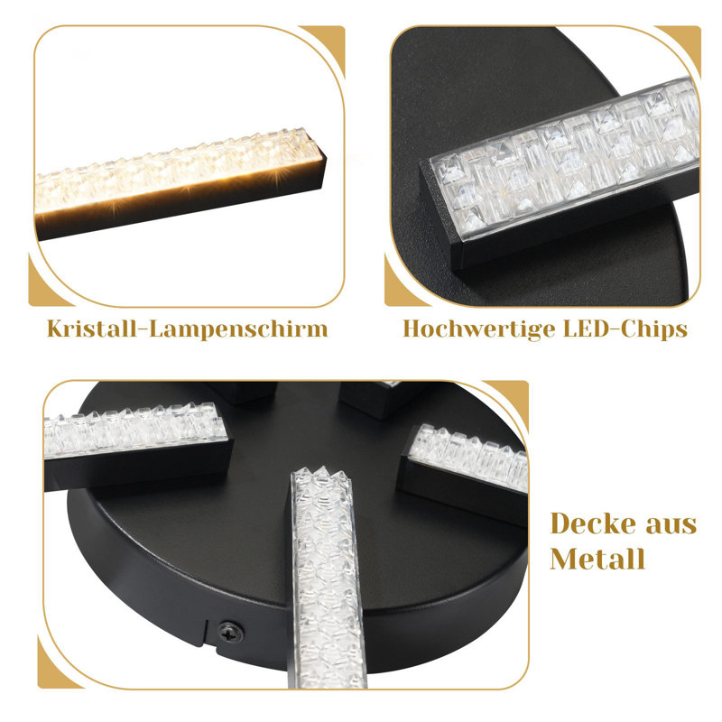 Ceiling lamp LED ceiling light living room - 24W kitchen lamp black living room lamp modern 5-flame design hallway lamp warm white hallway crystal bedroom lamp for kitchen bedroom