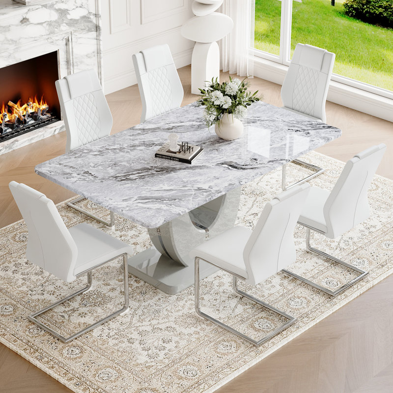  63'' Wooden Dining Table Set, Rectangle Gray Dining Table Set for 4/6 with Leather Chairs, White, 7