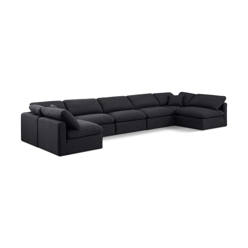Grand canapé modulaire rembourré 7 pièces Itala, Tissu texturé en lin noir