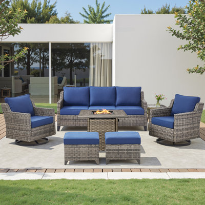 Maelie 7-Piece Outdoor Patio Fire Pit Conversation Set With Square Fire Pit, Swivel Gliders, Ottomans And Side Table