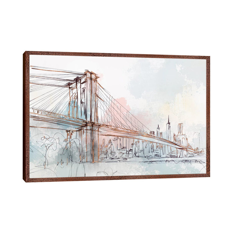 Blushing Brooklyn Bridge by Isabelle Z - Print on Canvas, 101.6 cm H x 66.04 cm W, Classic Brown Wood Framed