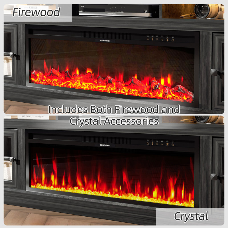 70" Fireplace Tv Stand For Tvs Up To 80" With Storage Cabinets, Entertainment Center With 36" Electric Fireplace, Led Light Tv Consoles For Living Room, Farmhouse Media Console Table, Crystals