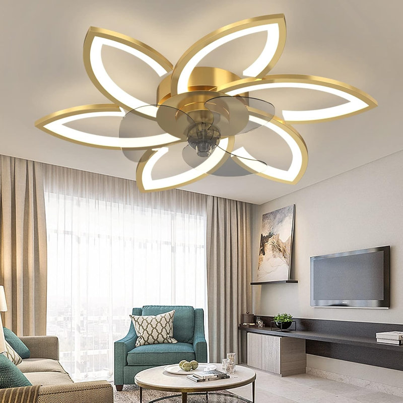 LED ceiling fan with lighting, creativity 6 -light, quiet dimmable ceiling light with remote control and app, Gold