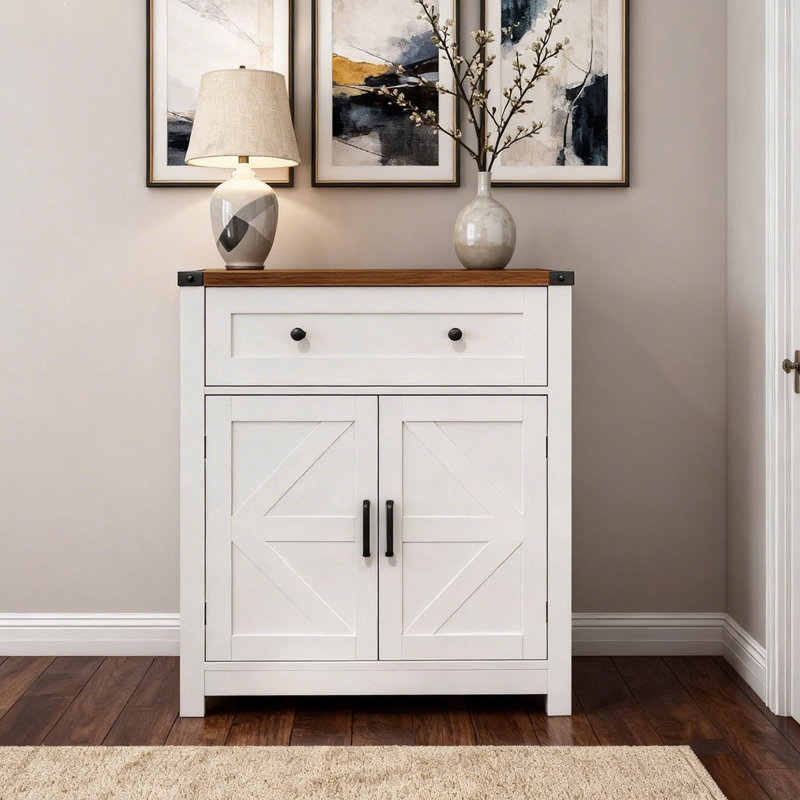30" Modern Farmhouse Sideboard Buffet Cabinet With Drawer & Adjustable Shelves – White Body With Wood-Grain Top Storage Cabinet, Barn-Door Accent, Black Metal Handles, Durable Organizer For Kitchen, Dining Room, Living Room, Entryway, Or Coffee Bar
