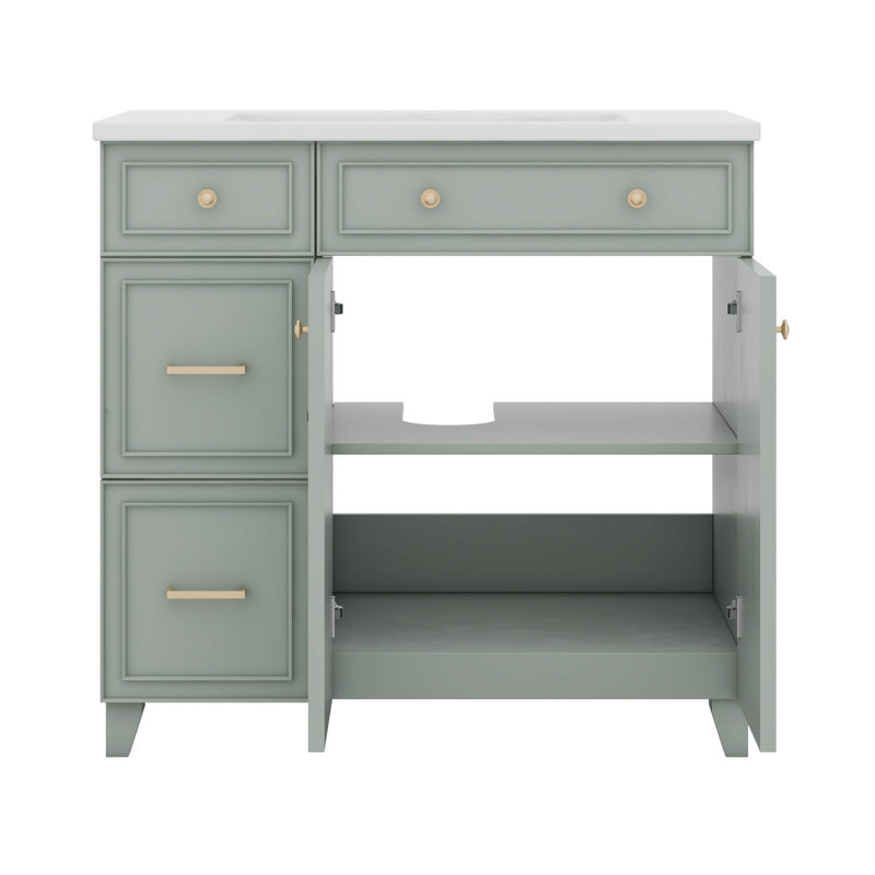 36" Bathroom Vanity With Ceramic Sink,Storage Cabinet With Standard & Drawers & Soft Close Doors & Adjustable Shelves, Green