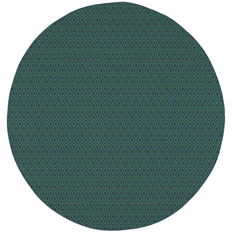 Navy and Green Geometric Stain-Resistant Synthetic Runner Rug