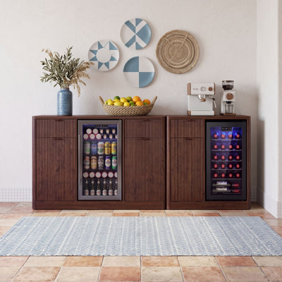 Two Piece Coffee Bar Cabinet Set with Fridge Space, Tilt-Out Trash Cabinet and Charging Station