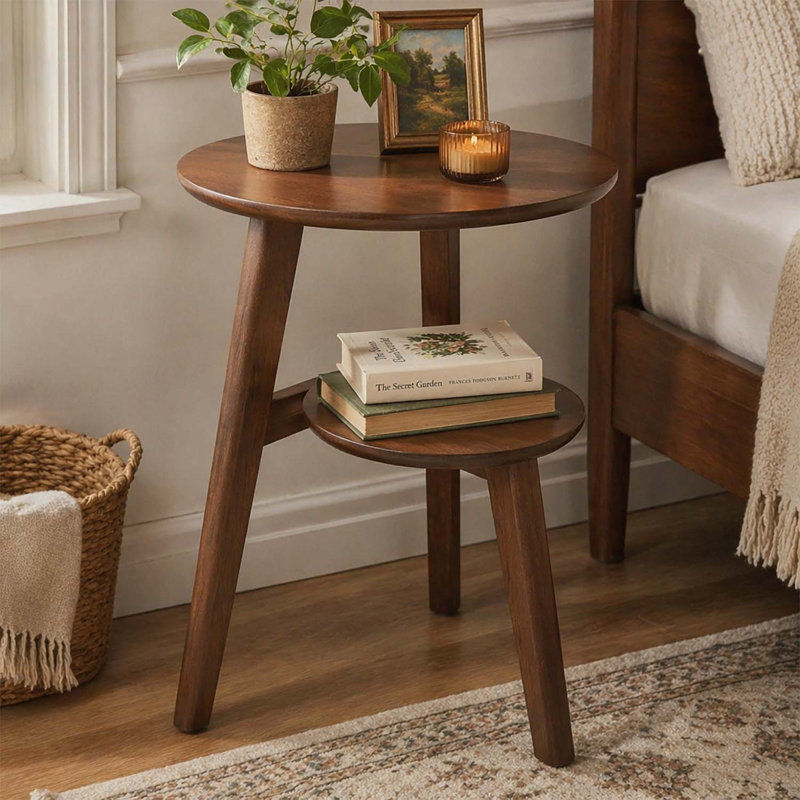 Table d'appoint en bois à 2 niveaux avec tablette de rangement inférieure, parfaite pour le salon et la chambre à coucher, style Mid-Century et fabrication durable