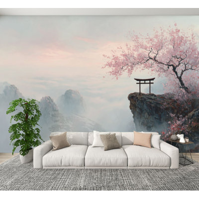 Papier peint pelez et collez, paysage printanier serein, fleurs murales en pastel Torii H 100 po x l 144 po, papier peint amovible en PVC, adhésif mural pour chambre à coucher, bureau à domicile