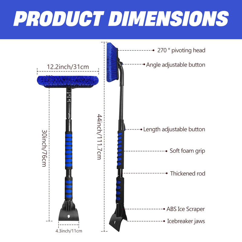 44" Snow Brush & Ice Scraper With Extendable Aluminum Handle And Foam Grip For Cars, Suvs, Trucks, And Winter Cleanup