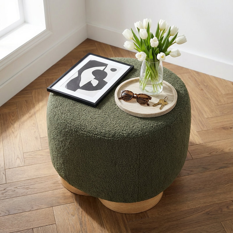 Contemporary Round Upholstered Ottoman with Soft Teddy Fabric and Padded Seat, Olive Green