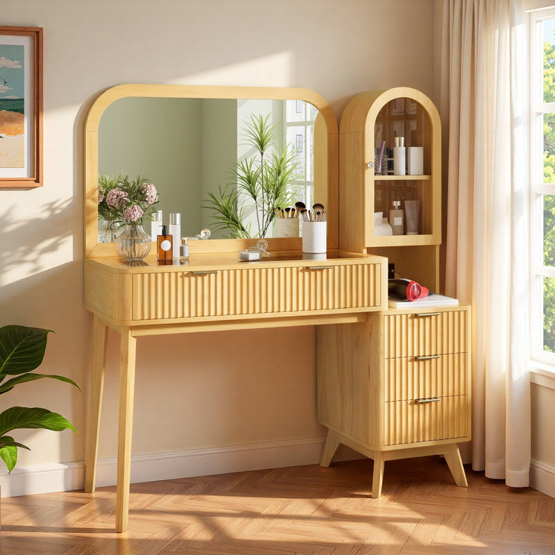 Fluted Makeup Vanity Desk With Large Mirror, 4 Drawers, Storage Cabinet, Charging Station And Glass Display Top