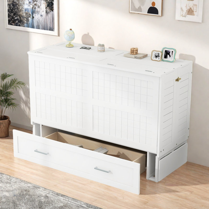 Mobile Murphy Bed With A Big Drawer And Little Shelves On Each Side