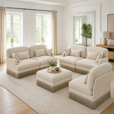 5-Seat Chenille Living Room Set with Loveseat, L-Shaped Sofa, Ottoman and Tassel Trim, Ivory Leopard