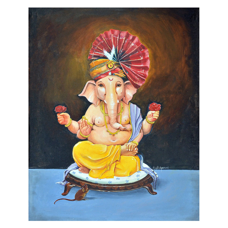 Turbaned Lord Ganesha assis sur un piédestal | Peinture à l'huile par Rajib Agarwal