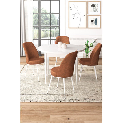 Ensemble de table et chaises de salle à manger moderne 5 pièces, blanc et rouge tuile | Table de salle à manger: 35,4 po x 29,5 po x 35,4 po | Chaises: 17,7 po x 35,8 po x 16,5 po | Panneau 100% aggloméré mélaminé, pieds en métal, tissu Jerry, assise en mousse confortable