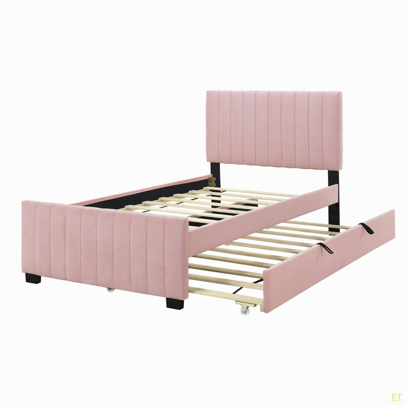 Lit plateforme simple tapissier en velours avec lit gigogne simple, rose