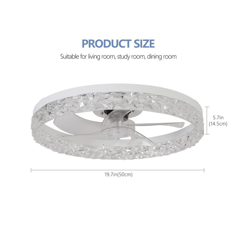 Ventilateur de plafond moderne en acrylique avec télécommande, lustre à DEL à intensité variable, moteur silencieux à 6 vitesses, conception encastrée pour le salon, la chambre à coucher et la salle à manger